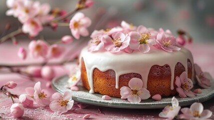 Obraz na płótnie Canvas Easter Magic: A fragrant cake with floral decoration that brings magic and warmth on a pink background