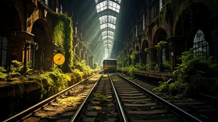 Fototapeta na wymiar Abandoned railway station overtaken by vines and foliage, eerie and nostalgic atmosphere