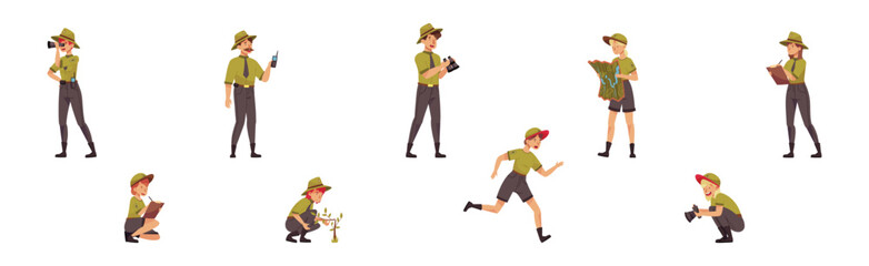 Male and Female Forest Rangers Working in Forest Vector Set