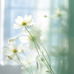 Ethereal White Anemones flowers in Soft Light green floral square Background