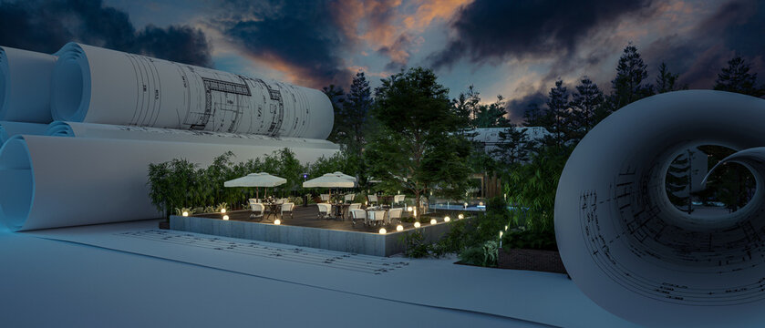 Project of a Outdoor Patio Restaurant Illuminated by Night - panoramic 3D Visualization