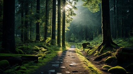 Tranquil forest glade with sunlight filtering through canopy, illuminating moss covered path - obrazy, fototapety, plakaty