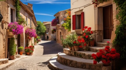 Charming countryside village with colorful flower baskets and cobblestone streets
