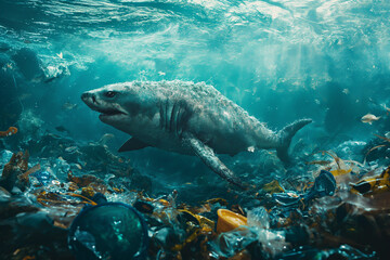 Marine animals that must face environmental disasters Garbage and plastic in the sea - obrazy, fototapety, plakaty