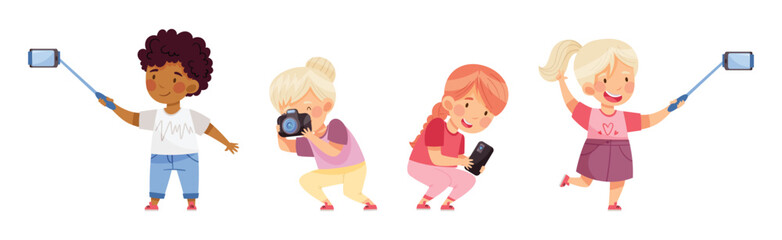 Cute Little Boy and Girl with Camera Taking Photo Vector Set