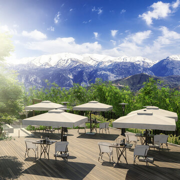 Outdoor Terrace-Restaurant Area with  a Gorgeous Mountain View - 3D Visualization