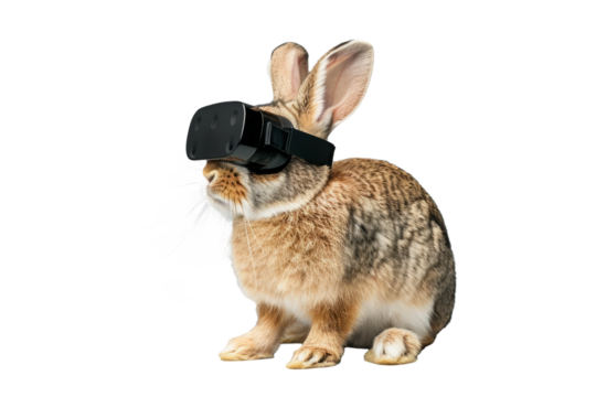 rabbit wearing VR glasses, portraying a playful and adventurous spirit eager for virtual escapades.