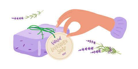 Hand made Lavender soap. Person hand holding lable on soap bar. Sale or gift of organic lavender soap. Vector flat Illustration for small business. Herbal body care. For natural organic spa products.