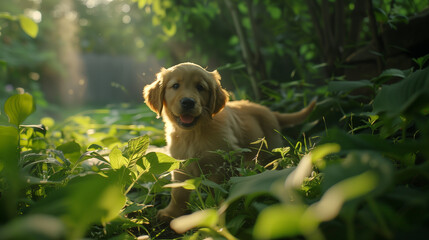 Golden Retriever Puppy Exploring Sunny Woods