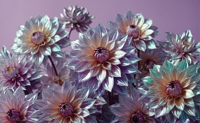 Mesmerizing Holographic dahlias Blooms purple background Ai Generative Art 


