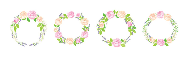Floral Rose Lavender Wreath from Twigs and Buds Vector Set