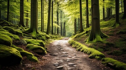 Peaceful forest glade with sunlight filtering through canopy, illuminating moss covered path - obrazy, fototapety, plakaty