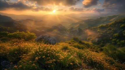 Breathaking majestic summer sunset high in the mountains overgrown with green grass and wild flowers
