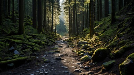 Tranquil forest glade with sunlight filtering through canopy onto moss covered path - obrazy, fototapety, plakaty