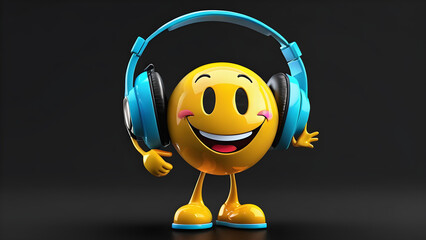 a cartoon character with a happy face and funny head phone music icon on black background.