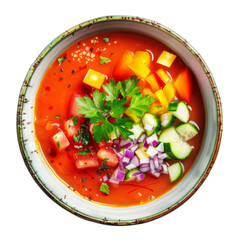 top view of Spanish gazpacho, a chilled tomato-based soup with cucumbers, bell peppers, onions, garlic, and olive oil.