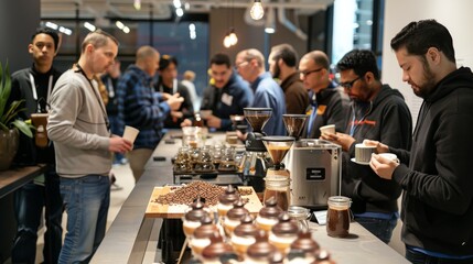 Business professionals networking over coffee in a relaxed, contemporary cafe environment.