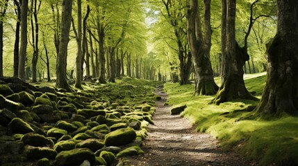Tranquil forest glade with sunlight filtering through canopy on moss covered path