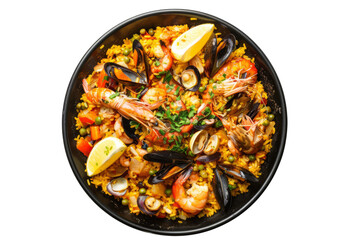 Traditional Spanish dish featuring saffron-infused rice cooked with chicken, rabbit, vegetables, and seafood.