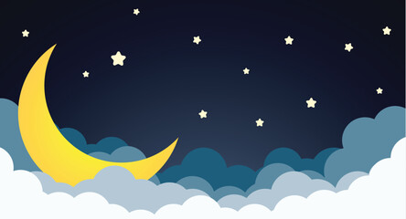 Obraz na płótnie Canvas night sky with stars and moon. paper art style. Vector of a crescent moon with stars on a cloudy night sky. Moon and stars background. Vector EPS 10. 