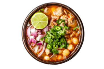Mexican pozole soup with hominy, pork or chicken, chilies, onions, and spices in a flavorful and hearty broth, traditionally served during celebrations.