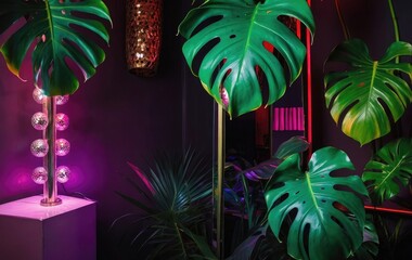palm tree with decorated disco lights  on pink 