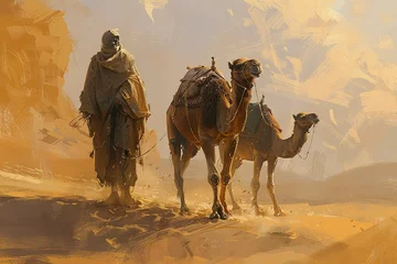 Schilderijen op glas Berber man leading camel caravan. A man leads two camels through the desert. Man wearing traditional clothes on the desert sand © Esha