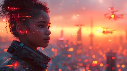 Futuristic Girl in Hi-Tech City at Sunset
