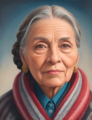 Portrait of a beautiful 100 year old fiction woman with big brown eyes and braided hair wearing a striped coat, flat color painting, modern style and beauty.