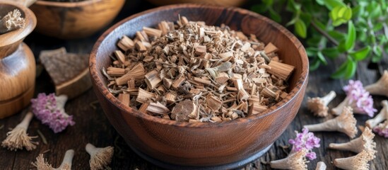 Rustic Wooden Texture: A Bowl of Chopped Wood Shavings on a Table, Natural Craft Supplies