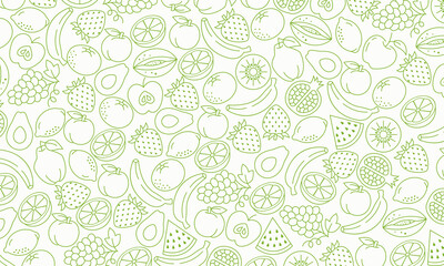 Vegetables and fruits Seamless hand drawn doodle pattern. Illustration for backgrounds, card, posters, banners, textile prints, cover, web design. Eat healthy. Vector icons.