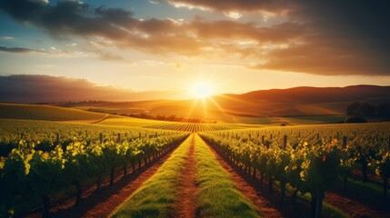 Scenic vineyard landscape with sun drenched rows of grapevines for fine wine production