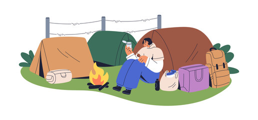 Refugee, poor homeless migrant at immigrants campsite. Person at tent, eating food at migrants camp, campground, border asylum, shelter. Flat vector illustration isolated on white background