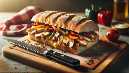 Rustic Chicken Fajita Sandwich on Cutting Board - obrazy, fototapety, plakaty