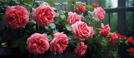 A bunch of pink roses is displayed in a window box, with rainwater falling onto the vibrant petals. The roses are bright and colorful against the window backdrop.