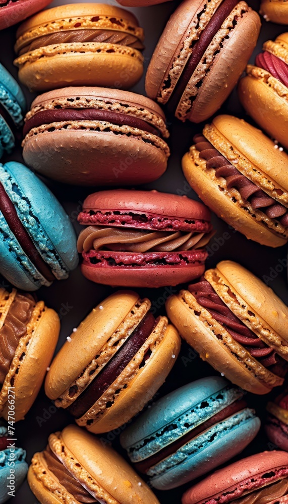 Poster assorted collection of colorful macarons creating a vibrant and appetizing background display