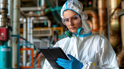 Confident woman wearing white coverall and blue gloves is focused on tablet screen in front of her