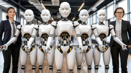 Group of women standing next to a modern robot, interacting and observing its features. The women appear curious and engaged in the technology