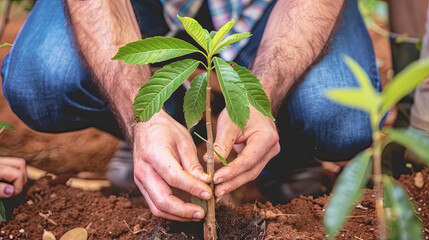 A man is seen kneeling down, planting a tree in the ground. He carefully places the trees roots in the soil, ensuring its proper settling and growth - Powered by Adobe