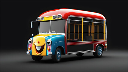 cartoon bus. a cartoon character with a happy face funny long bus on a black background. 
