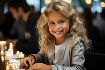 A young girl is seated at a table illuminated by candles