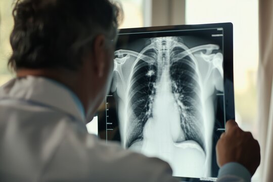 Doctor Analyzing X-Ray Image on Computer Screen. Generative AI