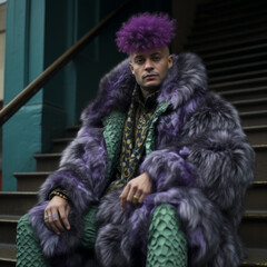 A fashionable man sits on the stairs in New York wearing a purple coat, generative AI