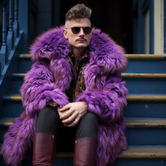 A fashionable man sits on the stairs in New York wearing a purple coat, generative AI