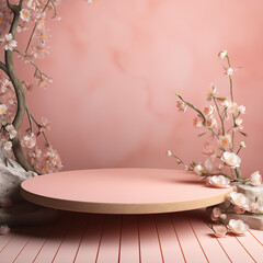 Pink 3d podium for product presentation backdrop. Platform with flowers
