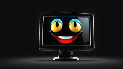 cartoon old crt monitor. a cartoon character with a happy face funny old crt monitor on a black background. monitor with screen