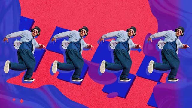 Young man in sport style clothes listening to music in headphones and dancing over abstract colorful background. Stop motion, animation. Concept of y2k style, creativity and inspiration. Poster, ad