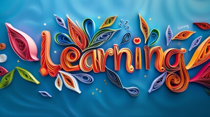 Quilling Paper Art Education concept creative horizontal art poster. Photorealistic textured word Learning on artistic background. Ai Generated Knowledge and Tutoring Horizontal Illustration.