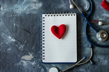 Flat lay of notepad with heart shape and stethoscope