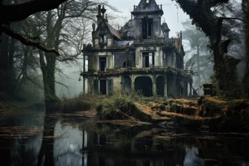 Fototapeta na wymiar Mysterious old house in a foggy forest with a pond